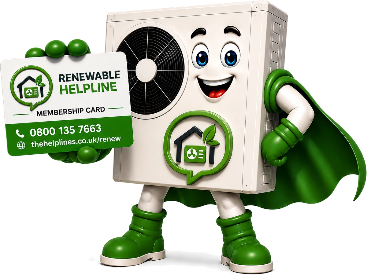 Renewable Helpline mascot — a friendly caped heat-pump hero