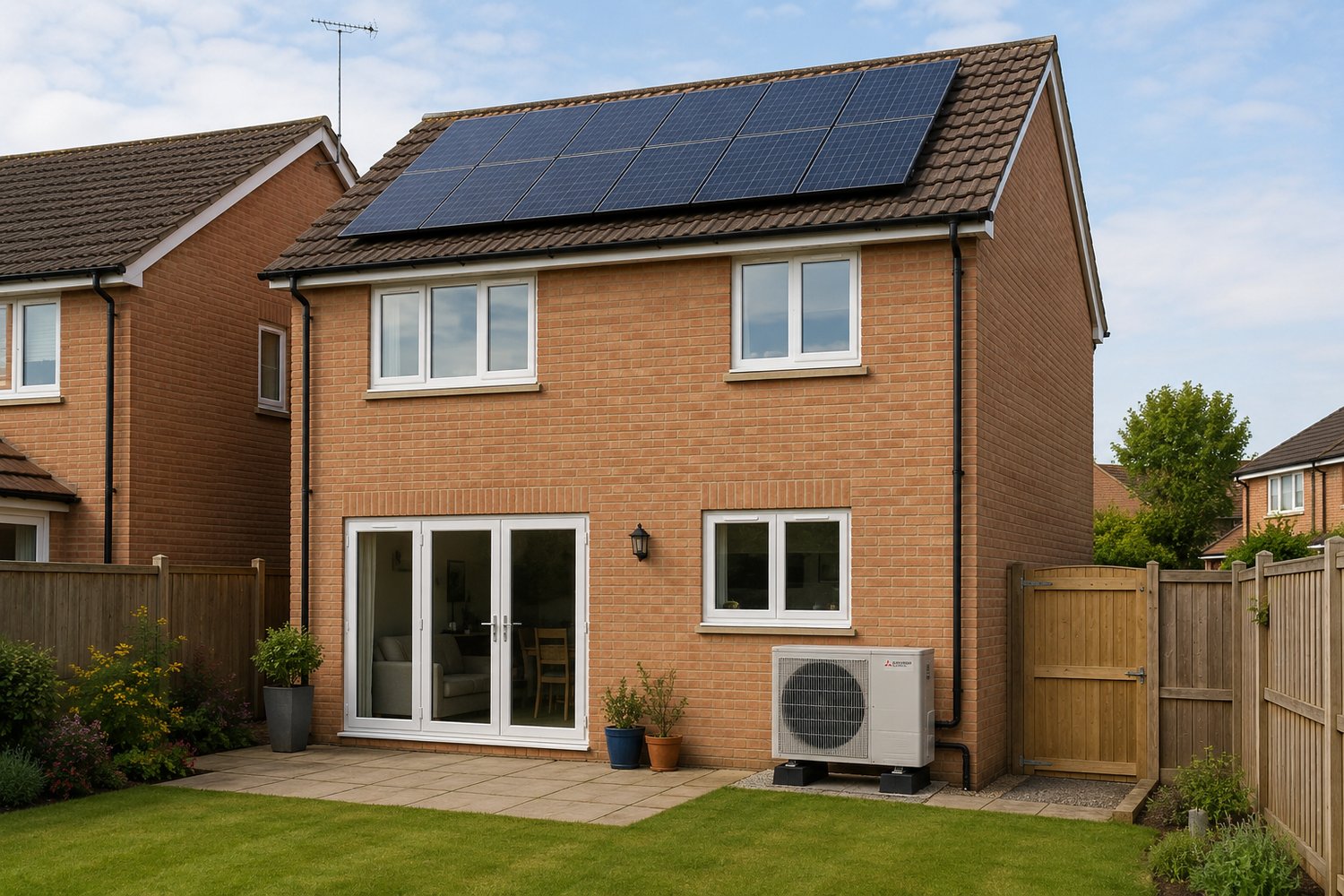 A UK home with solar panels and an air source heat pump