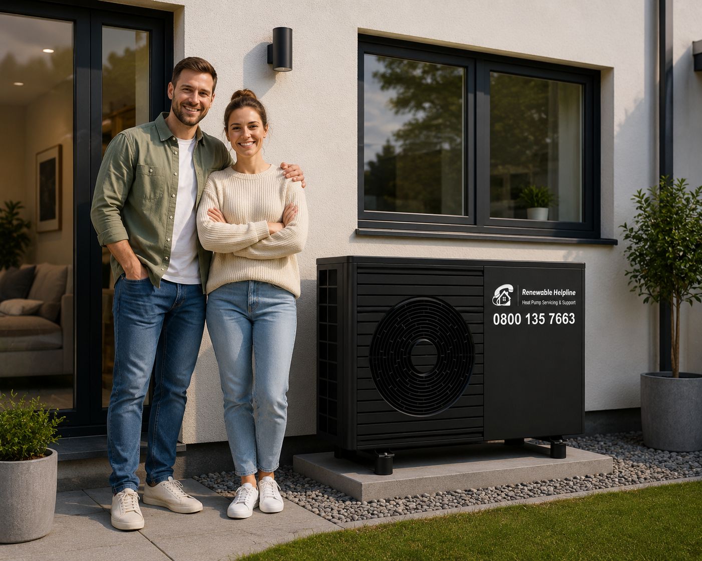Homeowners beside their air source heat pump