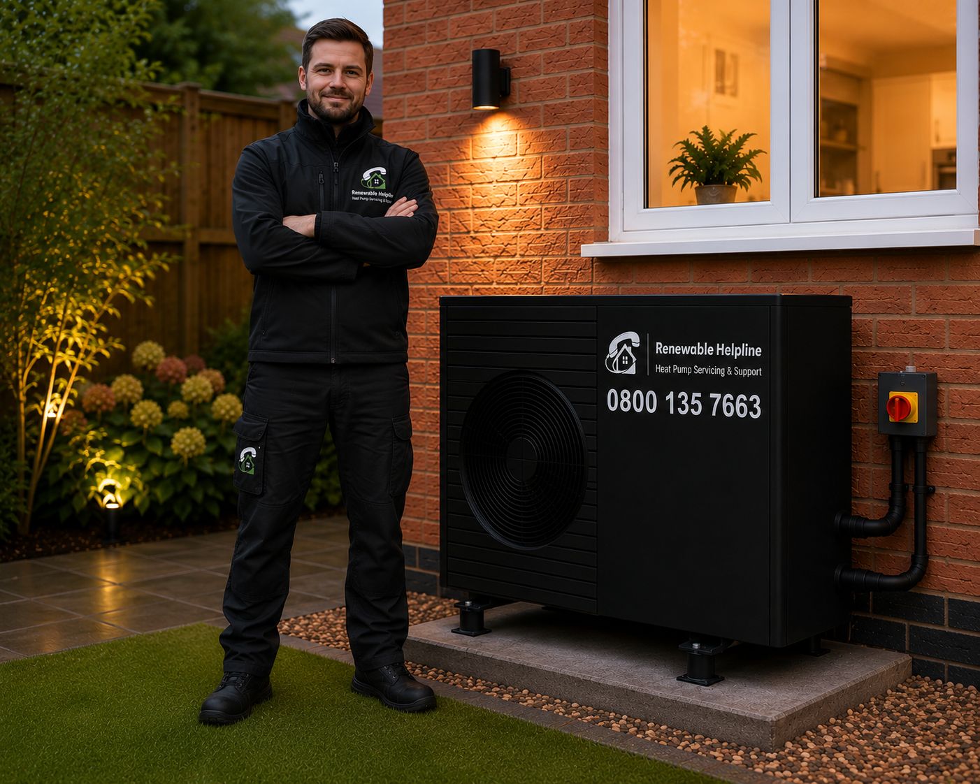 A Renewable Helpline engineer servicing an air source heat pump