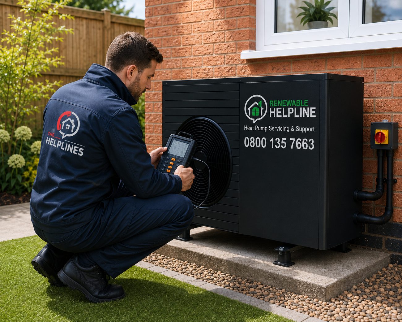 Renewable Helpline engineer servicing an air source heat pump