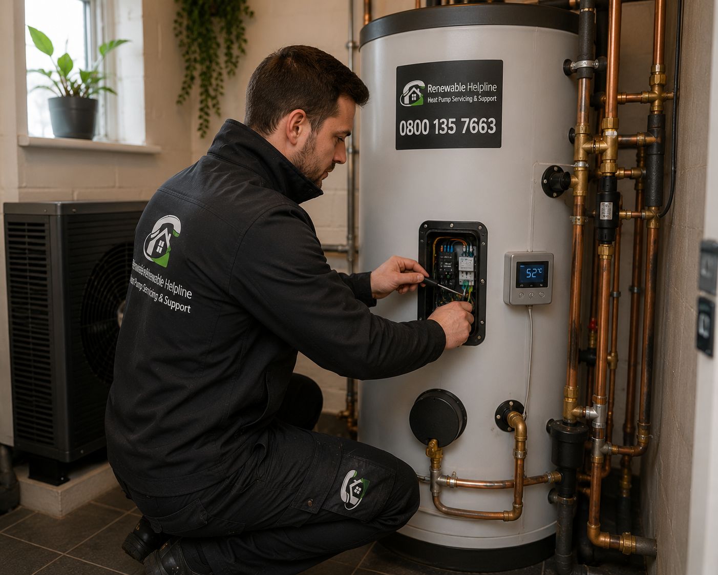 Renewable Helpline engineer servicing a heat-pump hot water cylinder and its controls