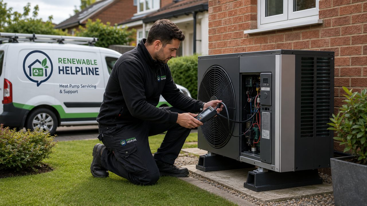 Renewable Helpline engineer servicing an open air source heat pump beside a branded van