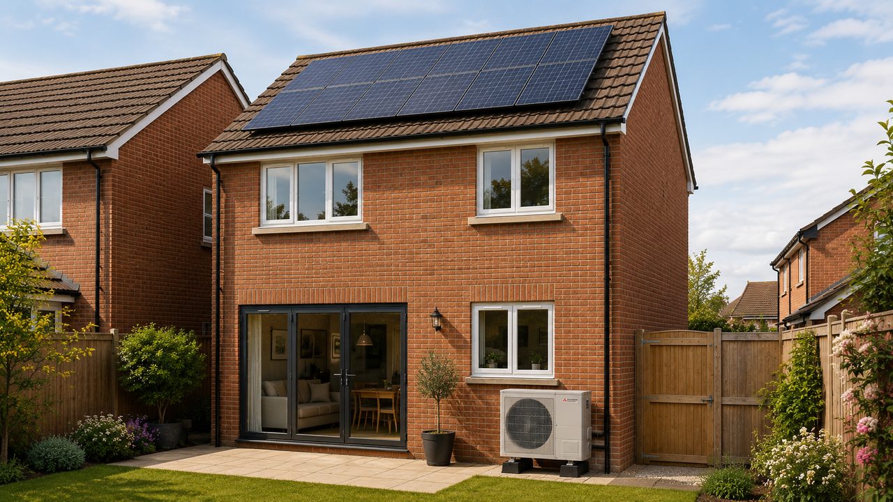 UK home with a solar PV array and an air source heat pump