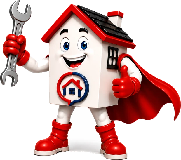 Roof Helpline mascot — a friendly superhero house holding a spanner