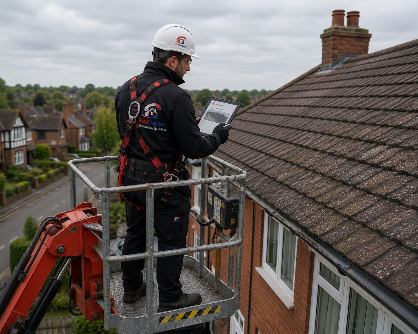 Roof Helpline cherry picker accessing a roofline