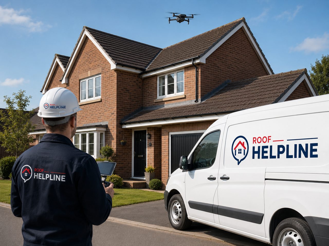 A Roof Helpline engineer carrying out a drone roof survey