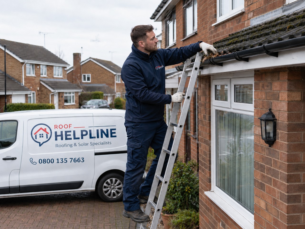 Roof Helpline engineer on a ladder clearing leaves and moss from a gutter, branded van behind