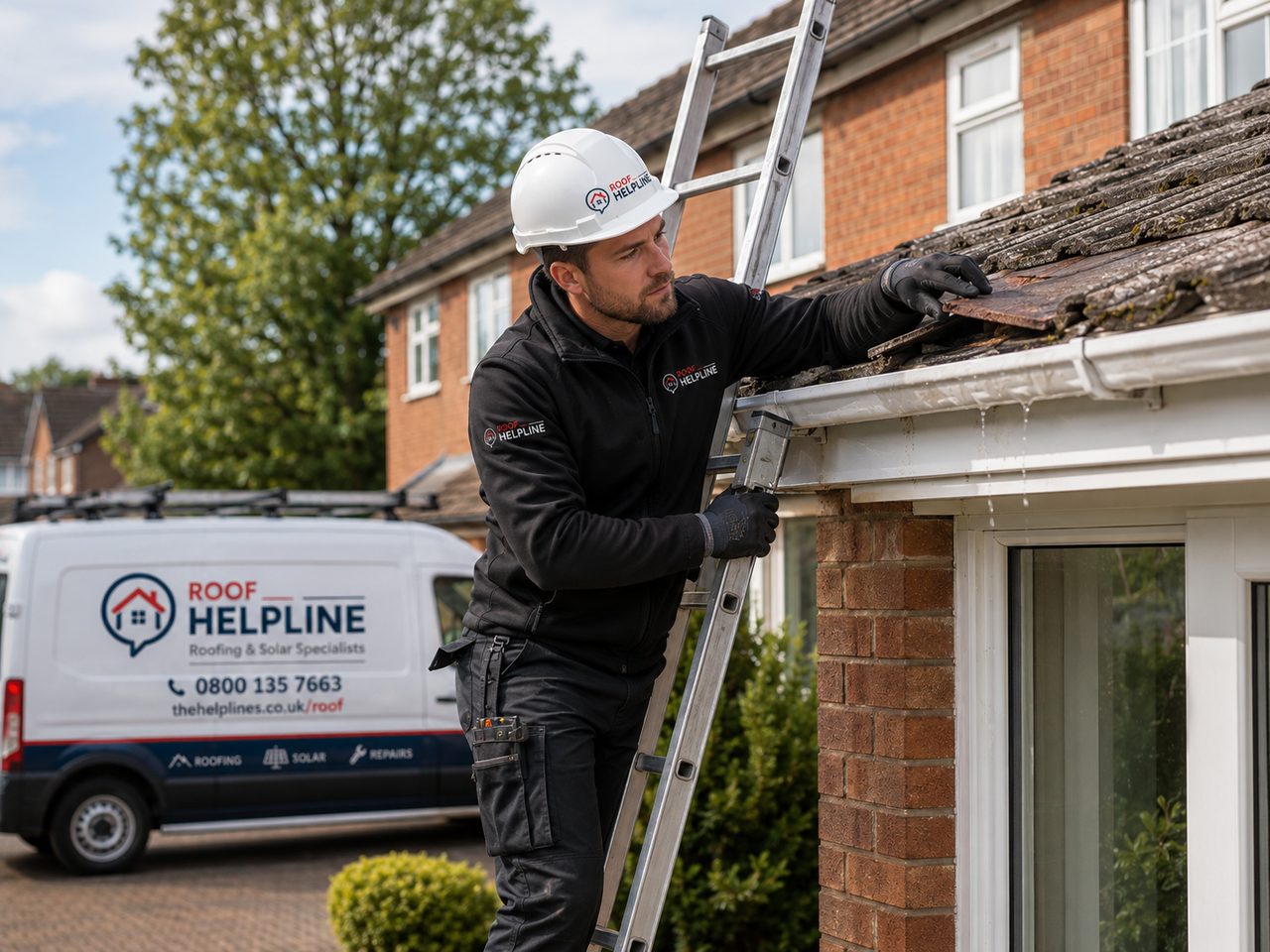 Roof Helpline engineer on a ladder inspecting and repairing roof-edge tiles, branded van behind