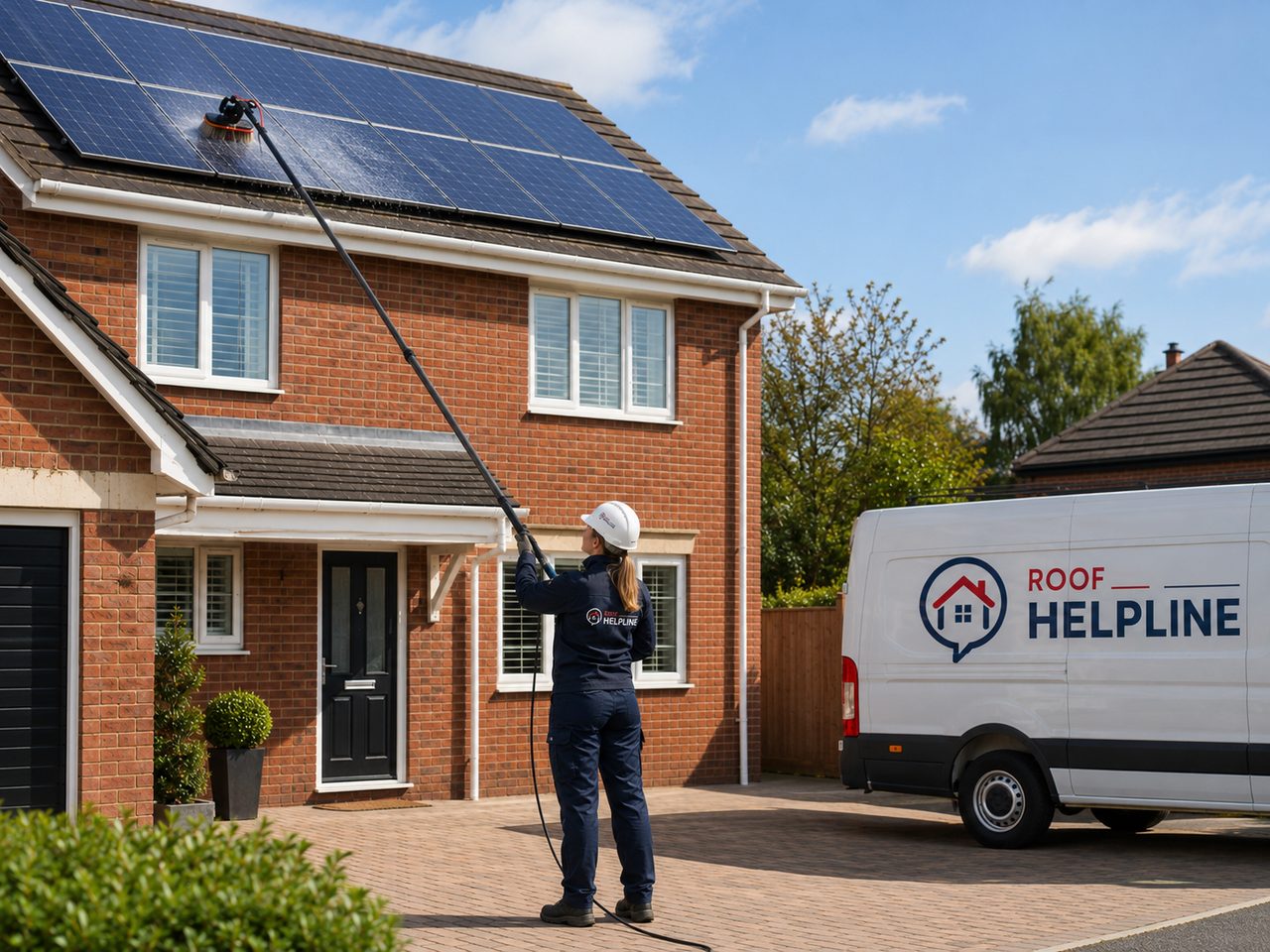 Roof Helpline engineer cleaning solar panels with a water-fed pole beside a branded van